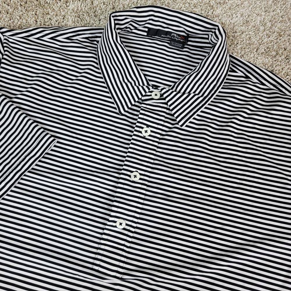 RLX Ralph Lauren Mens XL Black White Striped Performance Stretch Golf Polo SS